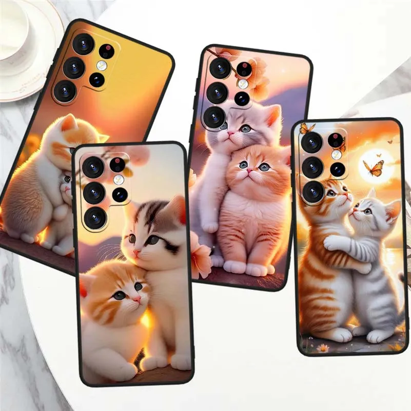 Cartoon Winking Kitten Cover For Samsung Galaxy S26 S25 S24 Plus Ultra Lite Soft Black Straight Edge Phone Case