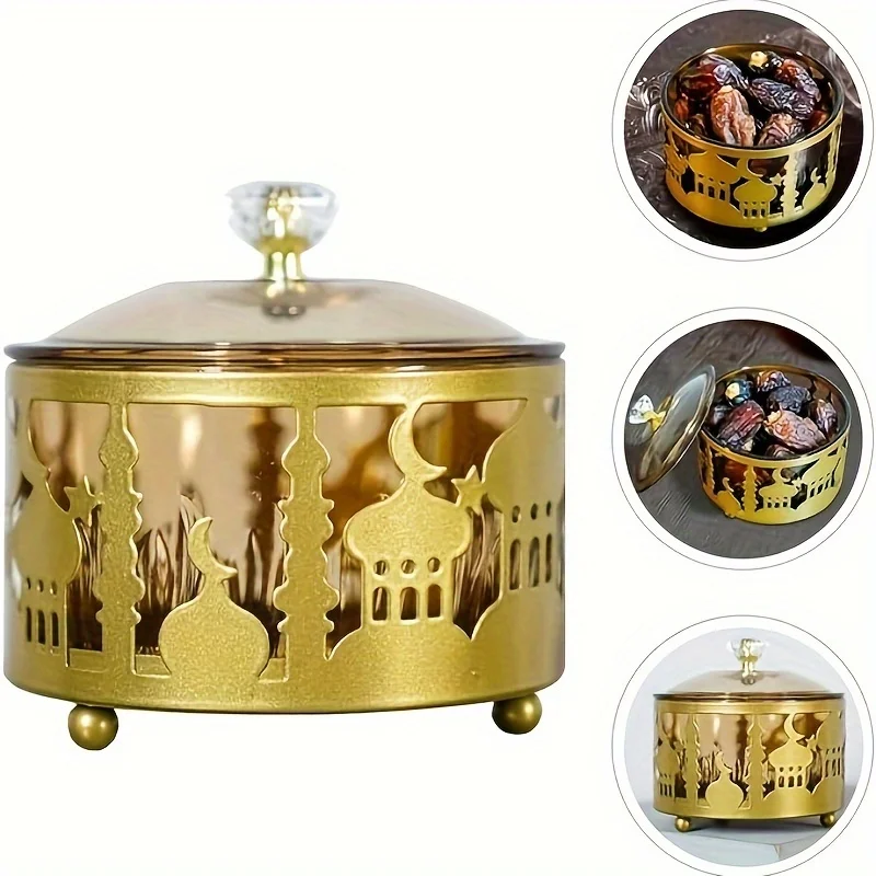 1pcs Middle Eastern Arab-style Desktop Storage Box with Hollowed-out Ornaments and Electroplated Gold