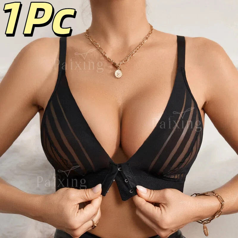Hot Sale Striped Lace Front Button Side Fold Up Lingerie Plus French Style Sexy Strapless Wire Free Women Bra