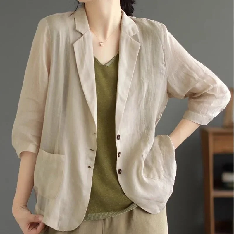 2023 neue Frühling Herbst Anzug Jacke Baumwolle Und Leinen Temperament Anzug Mantel Frauen Blazer Künstlerische Vielseitig Dünne Casual Top