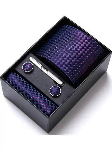Tie For Men Festive Present Tie Handkerchief  Cufflink Set Necktie Pocket Squares Purple Holiday Gift Box For Wedding Business