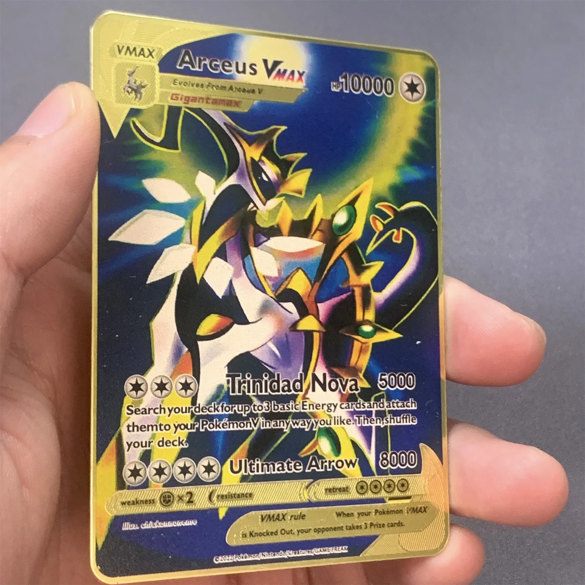 Arceus-Tarjetas de Metal de Pokémon Vmax Gx, 10000 puntos, Pikachu Charizard, Tarjeta Dorada, edición limitada, tarjetas de colección de juegos para