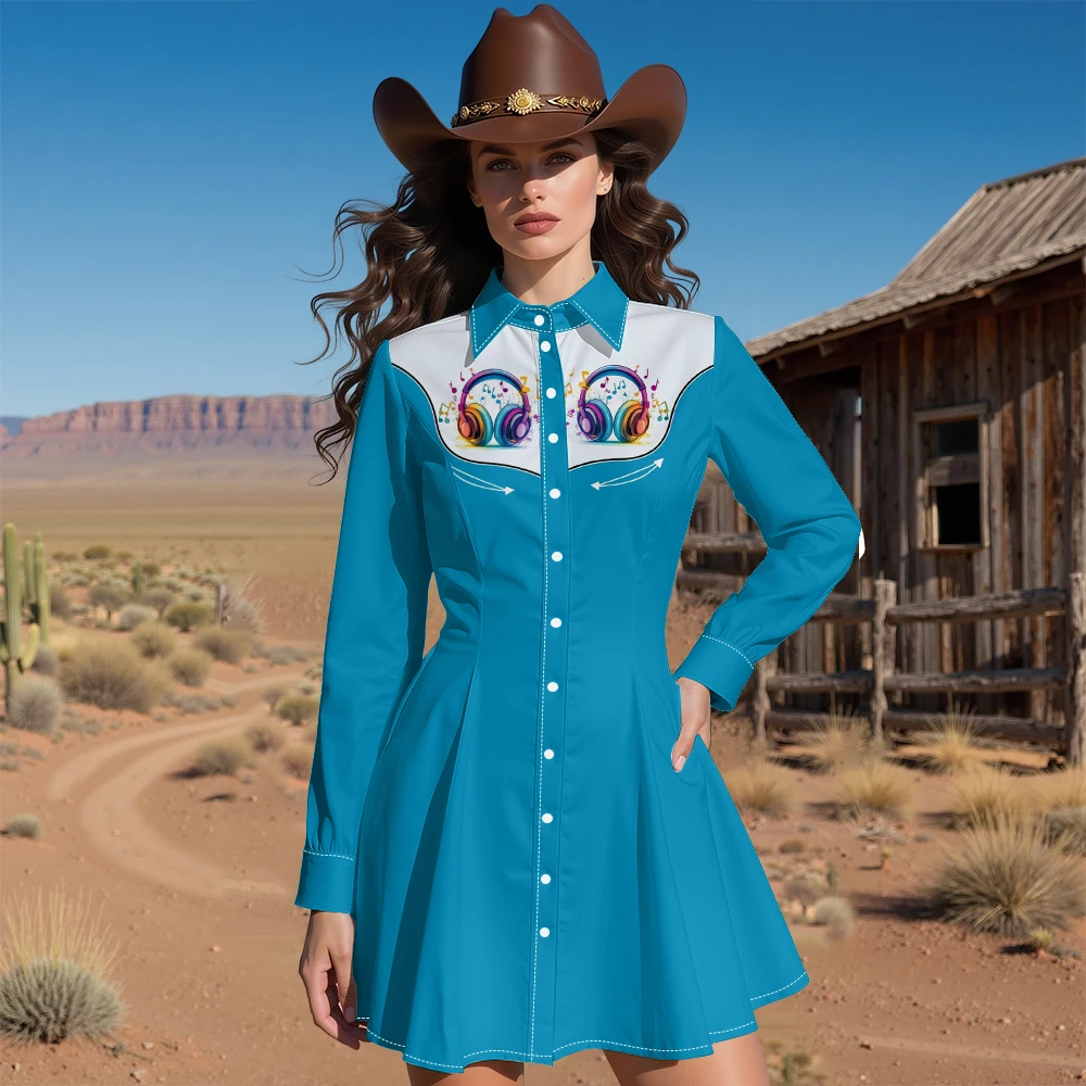 فستان راعية البقر من Punk Rock للنساء على شكل جمجمة وموسيقى ملاحظة مطبوعة بأكمام طويلة فستان متوسط الطول باللون الأرجواني على الطراز القوطي الغربي