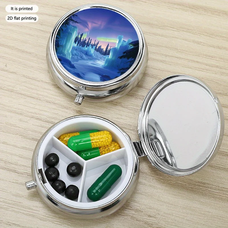 Winter Landscape 3 Printed Round Multi-Purpose Metal Box, Metal Sheet Box, 3-Layer Barrier Layer for Small Items, Suitable for Travel, Outdoor Activities, Vitamin Storage, Multi-Layer Storage Box, Small Gift Collection Box, Printed Locations May Vary