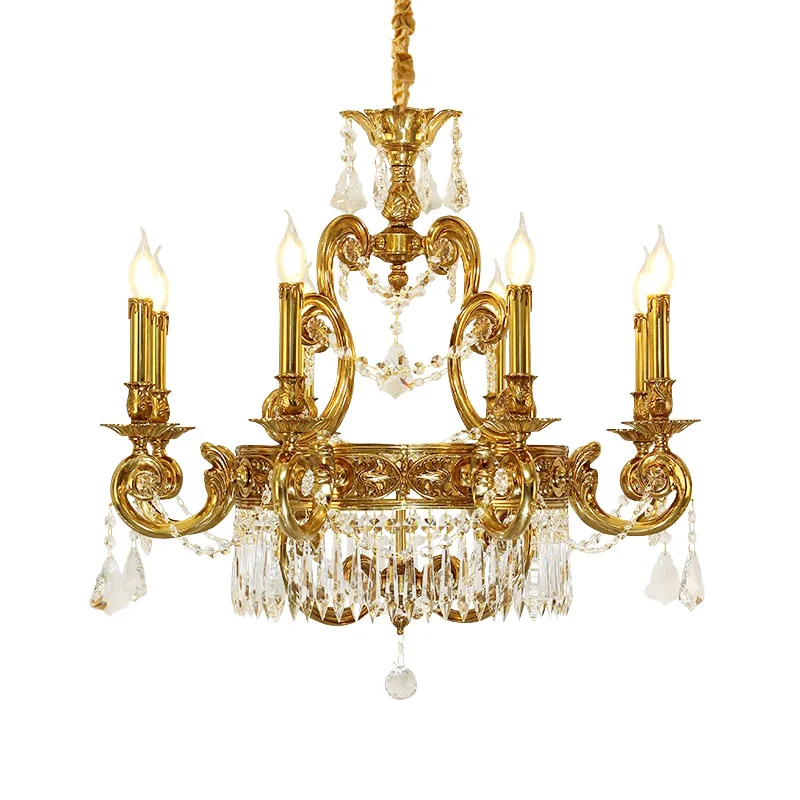 

European Church Brass Crystal Chandelier Home Decorative Villa Duplex Pendant Lamp French Copper Candle Hanging Light