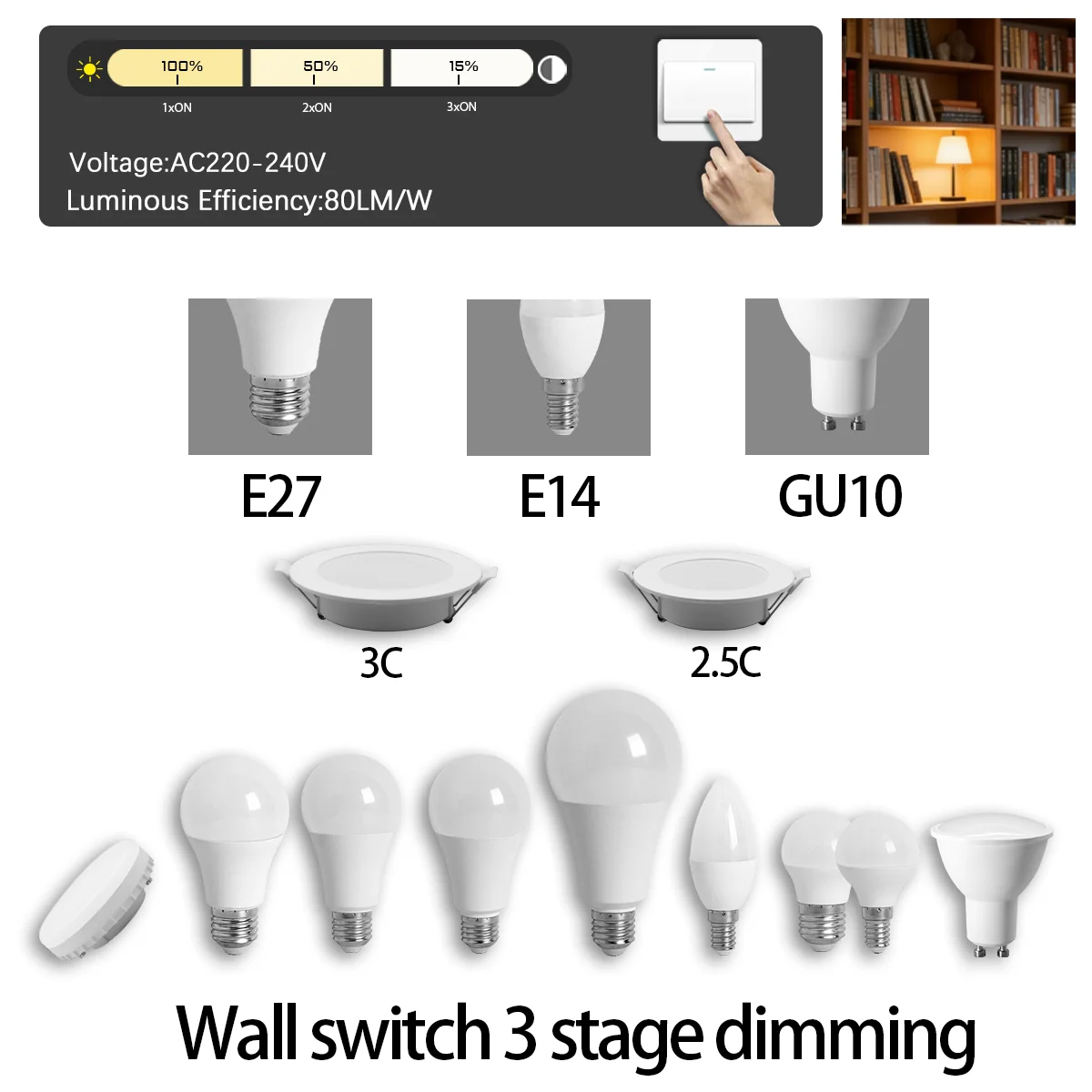 

5PCS 3 Way LED Light Bulbs, High Brightness Soft White Three Way Dimming Lamp GX53 E27 E14 GU10 Base Indoor Decorative LED Bulb