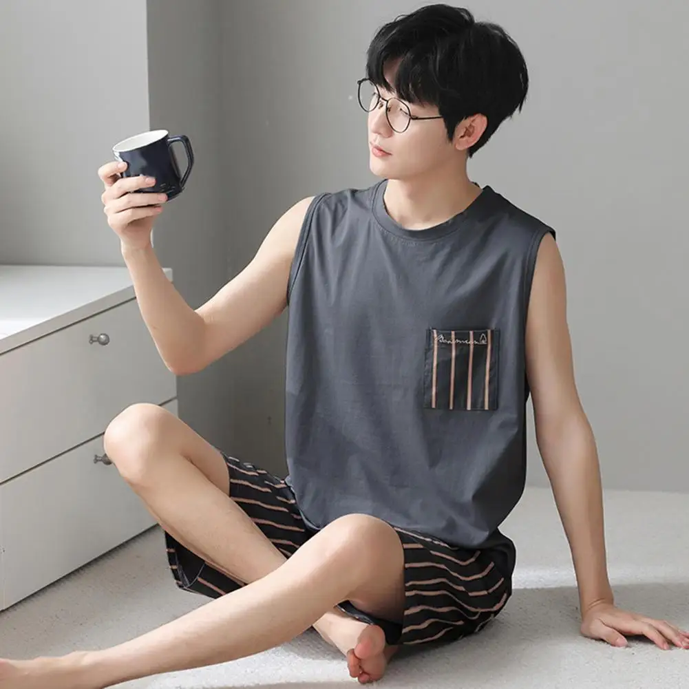 Soft Pajama Set Men's Sleeveless Pajama Set with Round Neck Loose Fit Soft Breathable Fabric Two-piece Sleepwear for Comfort