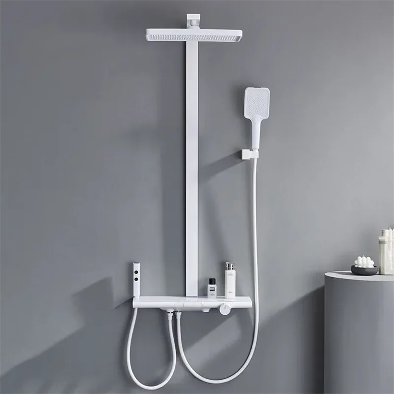 Imagem -06 - Bath Shower Faucets Grupo Misturador de Latão Torneiras Quentes e Frias Temperatura Constante Cachoeira Prata Branco Gun Grey Wall Mount Novidades