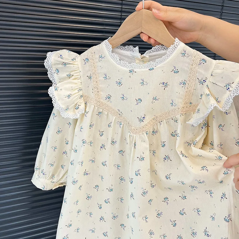 

Girls Summer Elegant Lace Trim Sweet Girls Dress Floral Princess Dress Fashion Versatile Cute