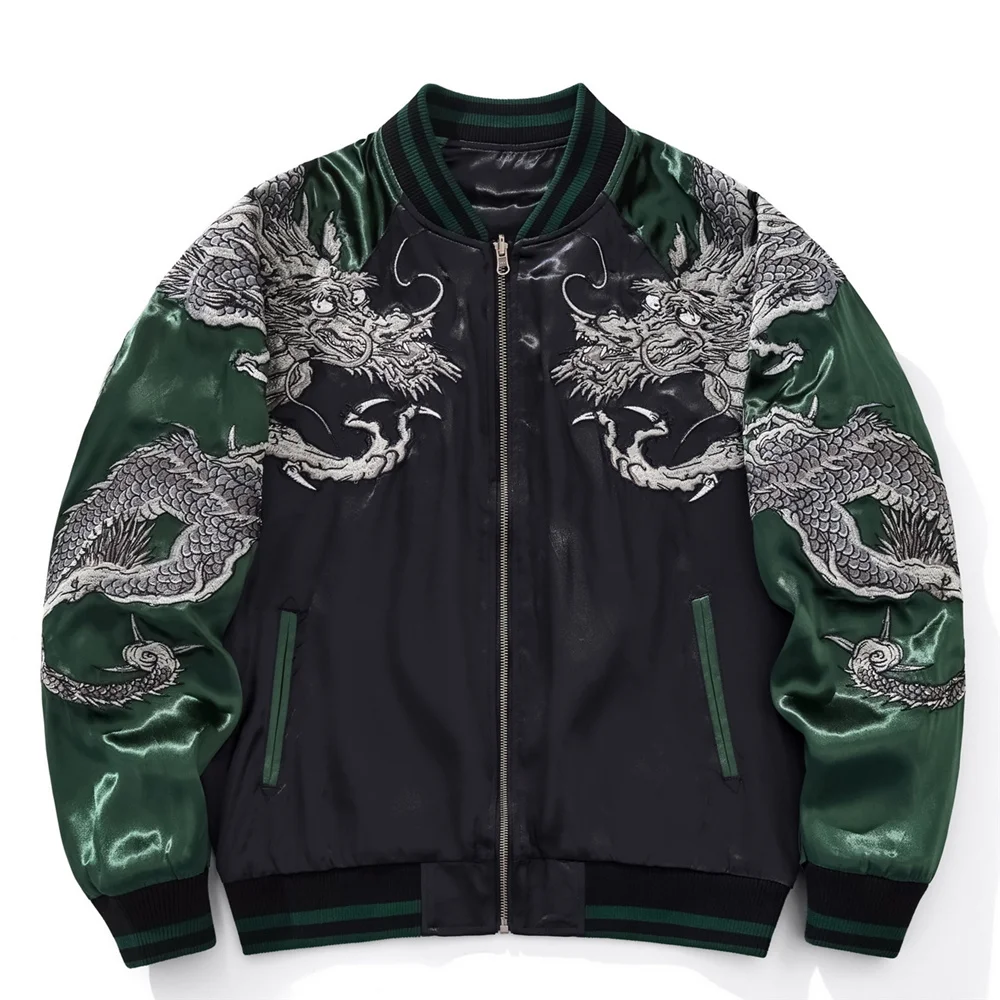 Harajuku Yokosuka Dragon Embroidered Jacket Autumn Street Hip Hop Men's Green Sleeve Japanese Coat
