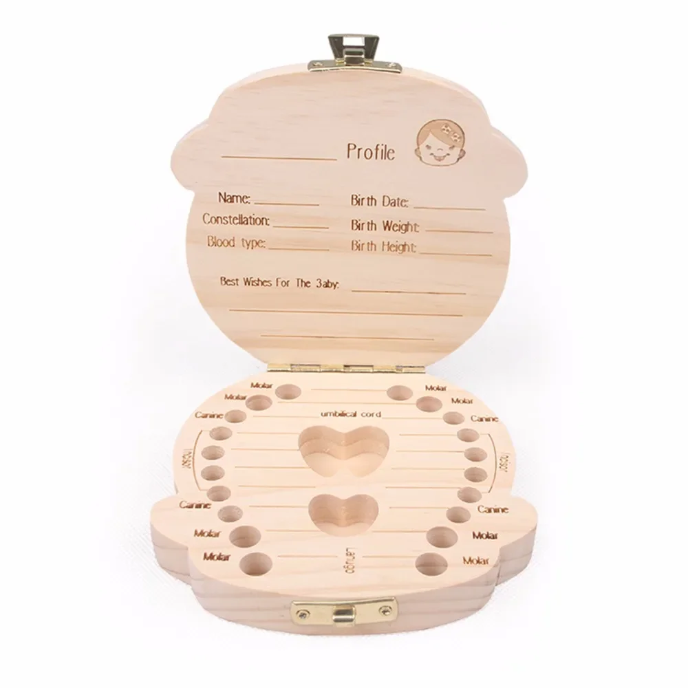 Spanish English Dutch/ Portugal French Russia Baby Wood Tooth Box Organizer Milk Teeth Storage Collect Teeth Umbilica Save Gifts