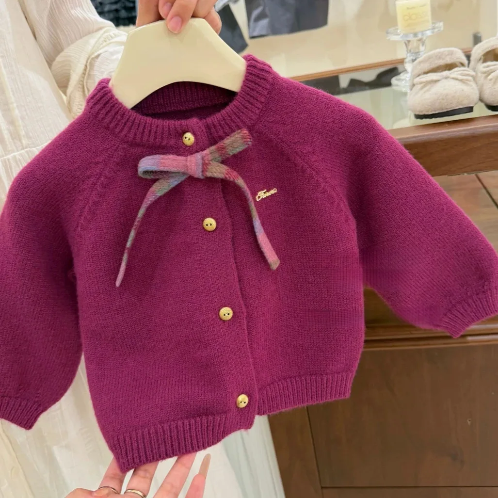 Girls' Autumn and Winter Set Knitted Sweater Cardigan Jacket Plaid Skirt High-end Color Purple Skirt