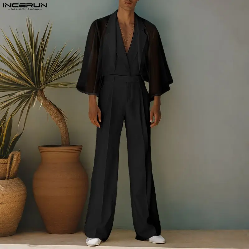 INCERUN Men Sets Mesh Patchwork See Through Lapel 3/4 Sleeve Crop Blazer & Pants Two Pieces Sets Streetwear Fashion Men's Suits