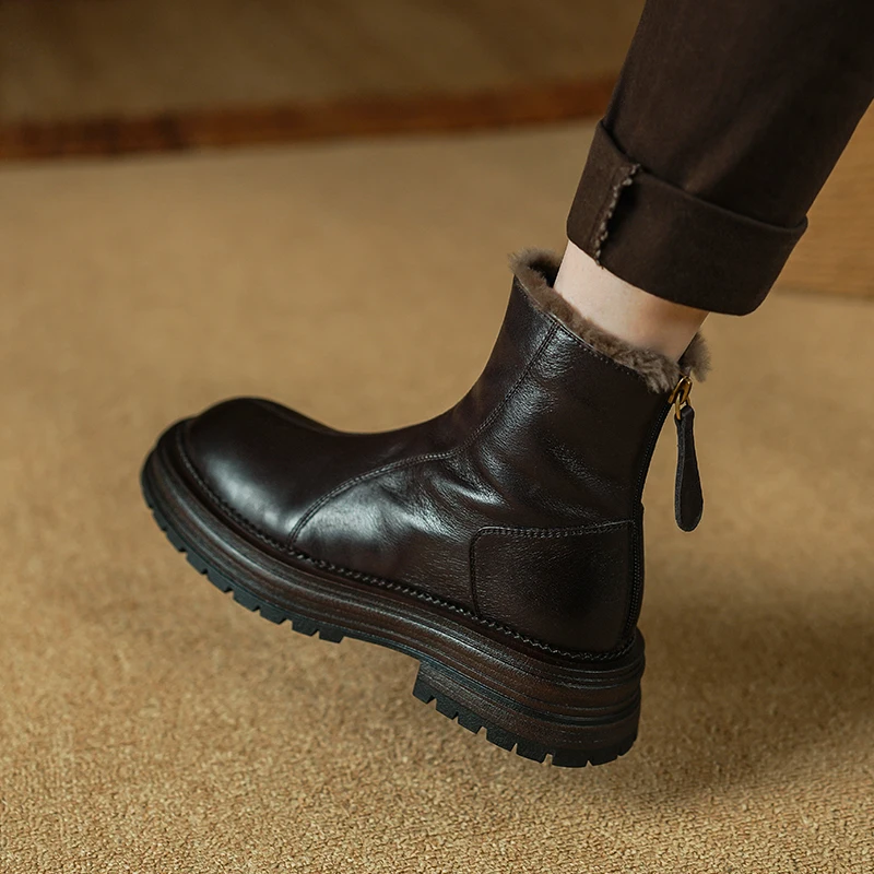 2025 New Genuine Leather Wool Boots Women Slip on Square Mid Heels Warm Winter Boots Handmade Warm Ankle Booties Retro Shoes