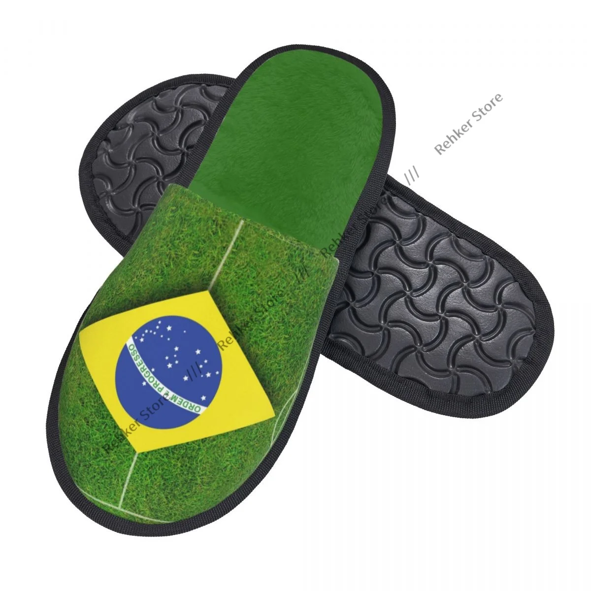 Home Slippers Indoor Bedroom Slipper Brazil Flag Football Field Flip Flops Autumn Winter Furry Plush Shoes