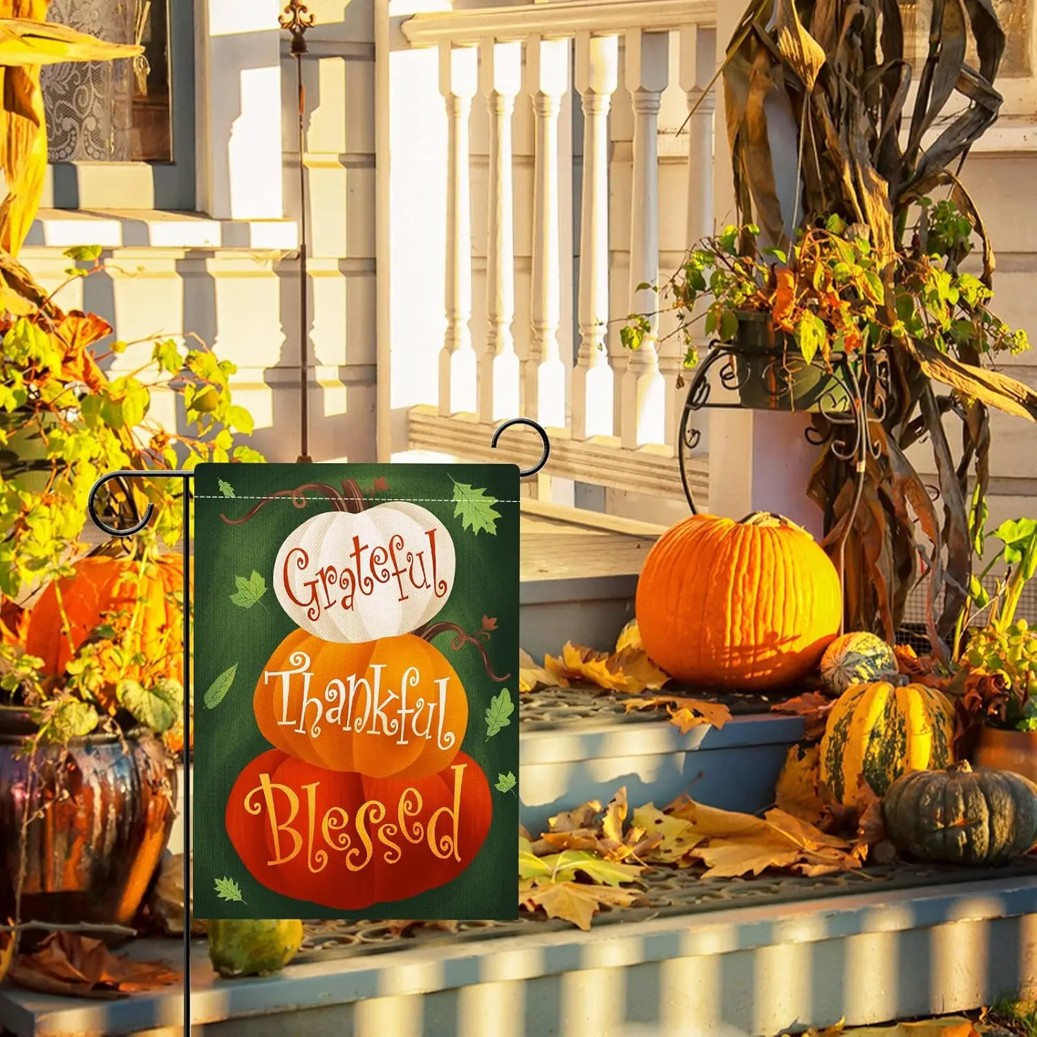 Hzppyz Thanksgiving Grateful Thankful Blessed Garden Flag Double Sided, Fall White Pumpkin Maple Leaves Decorative House Yar KZA