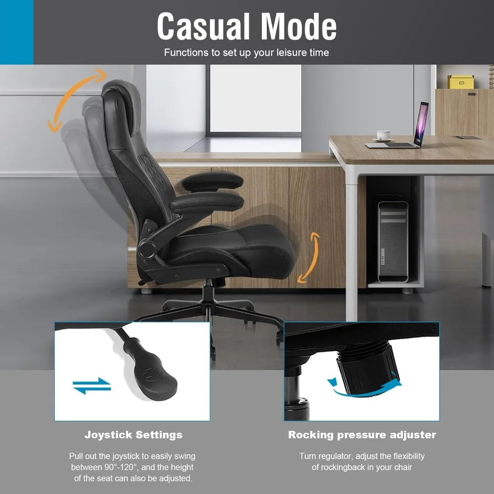 Executive Ergonomic Office Chair - Big and Tall Office Chair for Heavy People, PU Leather, Lumbar Support, Flip-up Armrest.
