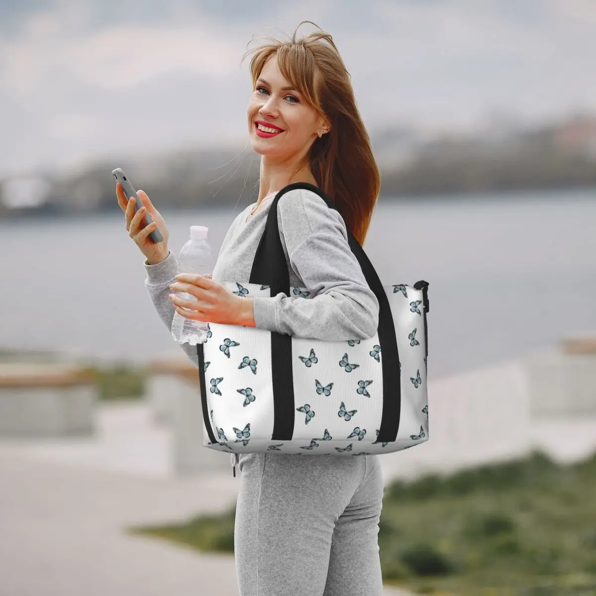 Custom Blue Pastel Butterflies Beach Travel Bag Large Capacity Tote Bags for Gym Yoga Women Shopping Duffle Shoulder Bag