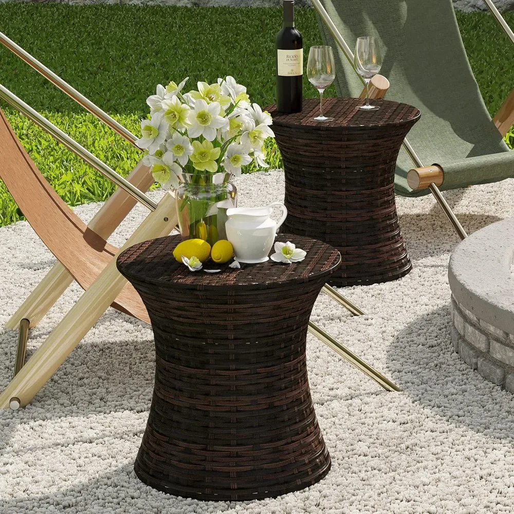 Small Side Table Patio Rattan End Table  Hourglass Wicker Accent Tables Steel Frame Lightweight