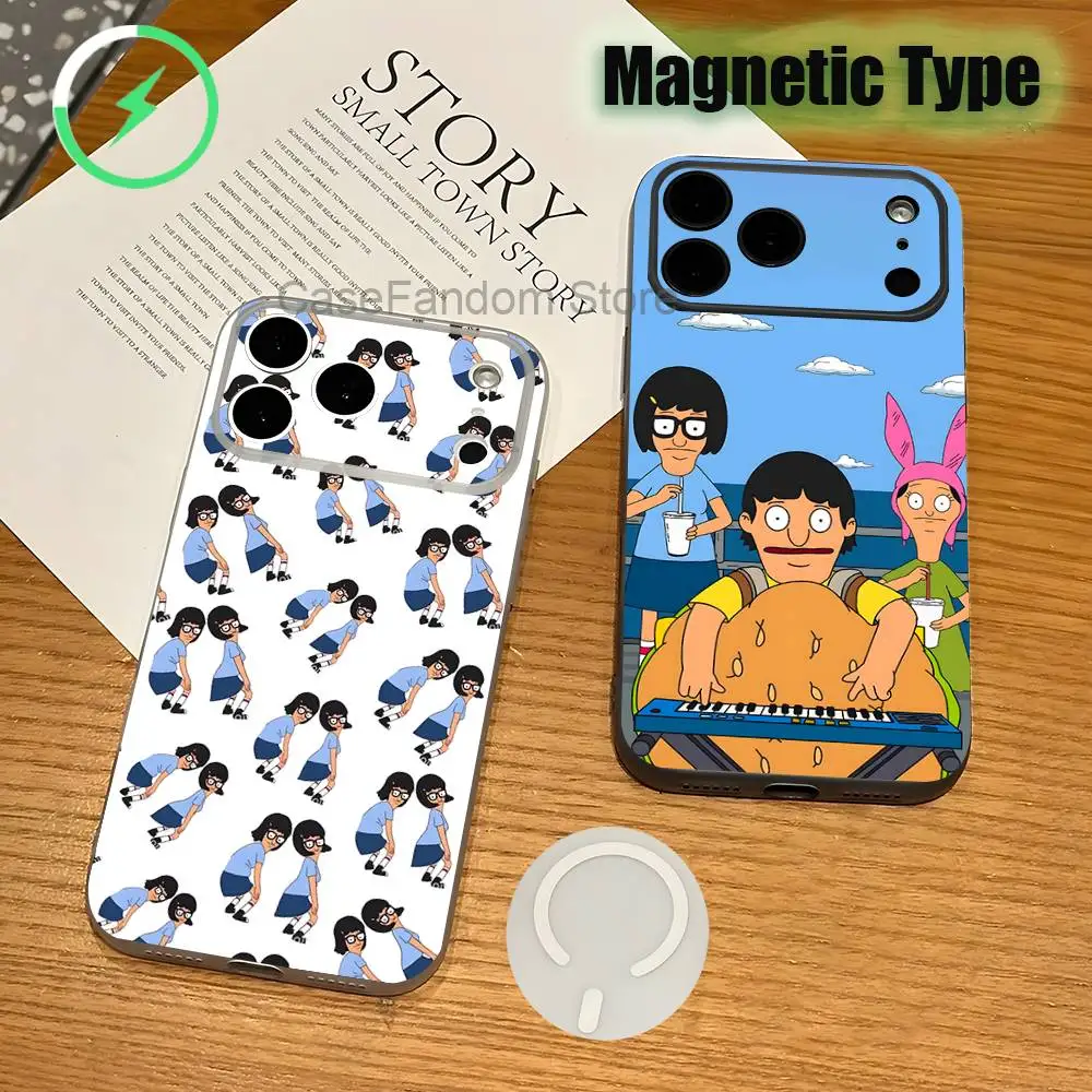 

Cartoon B-Bob Burgers Magnetic Wireless Charging Transparent White Phone Case For iPhone 17,16,15,14,13,12,11,Pro,Max,Plus