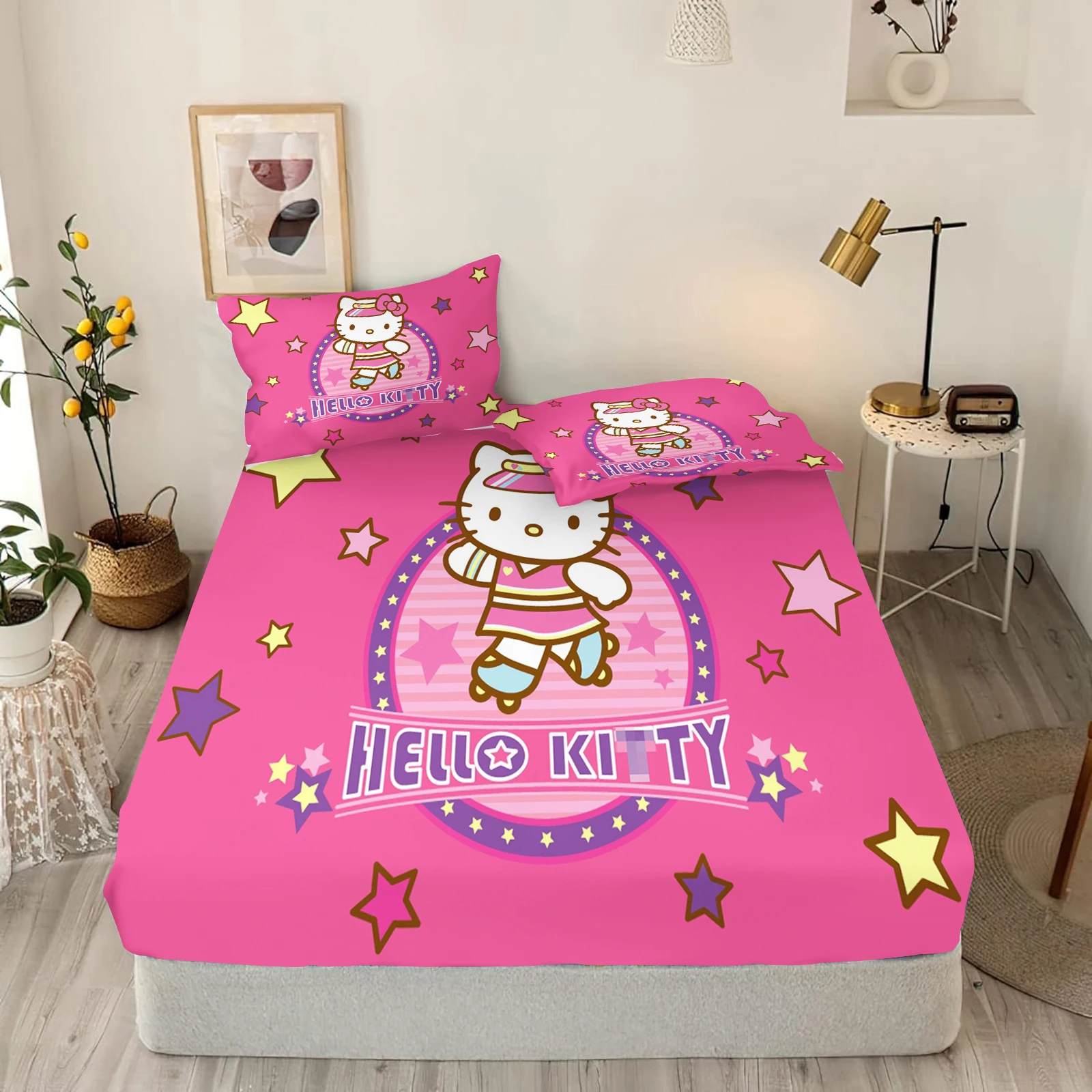 Простыня с рисунком Hello Kitty, узор Sanrio, милая цифровая печать, чехол для маленьких подростков с простынями, эластичное постельное белье