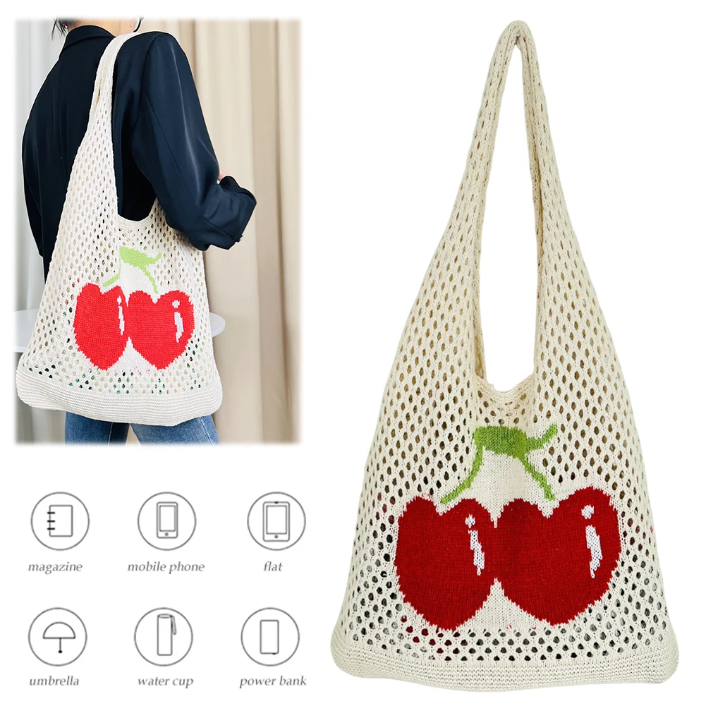 

Women Crochet Tote Handbag Cherry Printed Knitting Shoulder Bag Large Capacity Aesthetic Knit Bag Ladies Daily Handbag