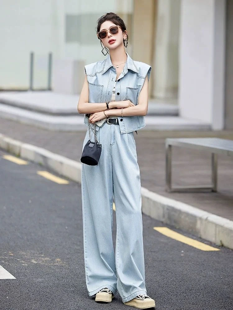 Denim Pant Sets for Women 2 Pieces Jeans Korean Style Top and Bottom Classy Groups of Y2k Streetwear Outfit Cheap Trousers Woman