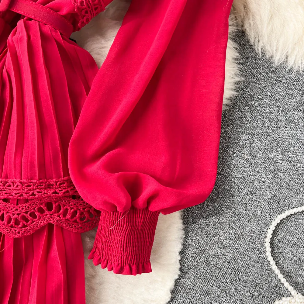 Vestido feminino de renda vintage plissado em camadas, chique moda a linha A, vestidos de manga longa, elegante, primavera, outono