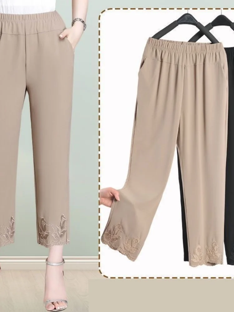 

Mom's Summer Thin Nine-Piece High-Waist Straight-Leg Midi Pants for Elderly Women Grandmother's Chiffon Pants Casual Commute ...