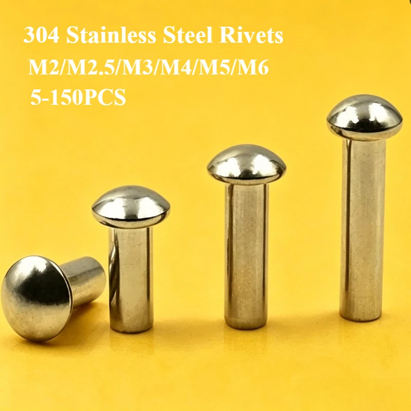 5-150PCS 304 Stainless Steel Solid Round Head Rivet M0.8 M1 M1.2 M1.4 M1.6 M2 M2.5 M3 M4 M5 M6 Alloy Self-plugging Rivet GB867