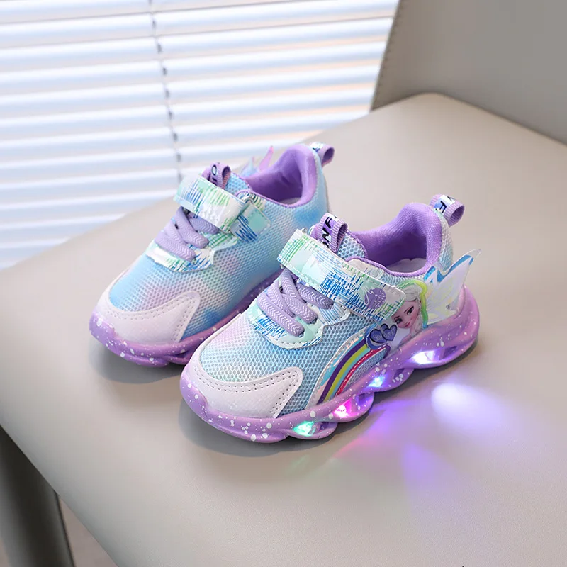 Purple Pink LED Lights Girls Shoes 2024 New Network Disney Breathable Children's Sneakers Little Girl Princess Casual Shoes