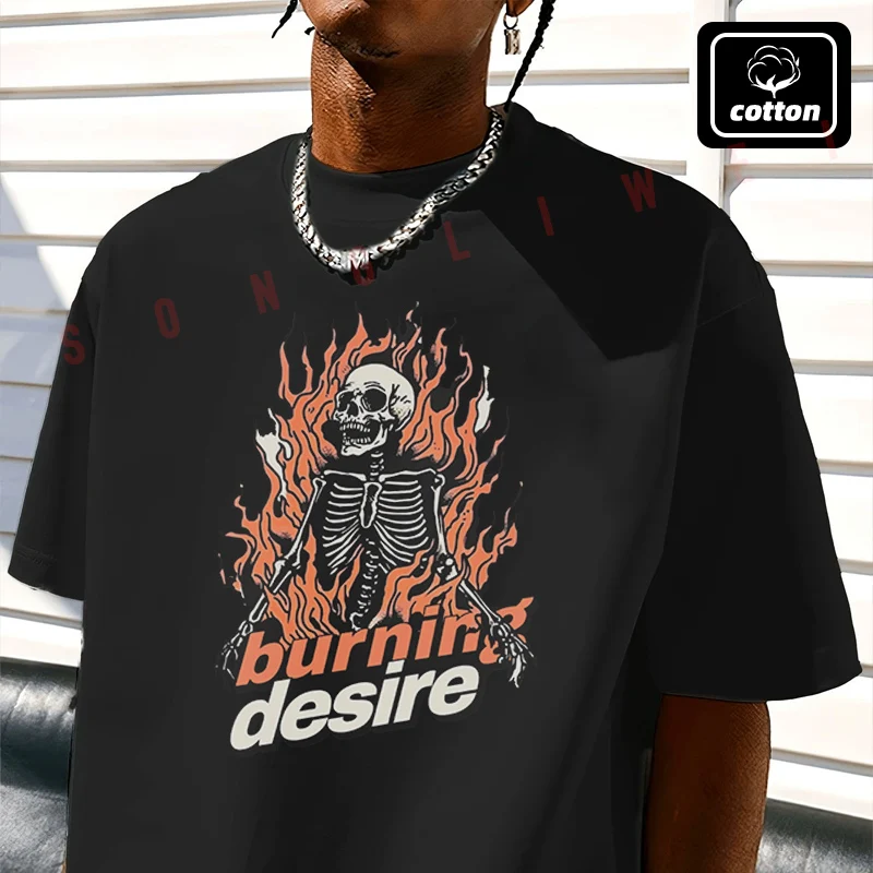 

Men's Cotton T-Shirt Skeleton Surrounded By Fire Design Moto Tshirt New Men's Casual O-neck Short Sleeve Tees