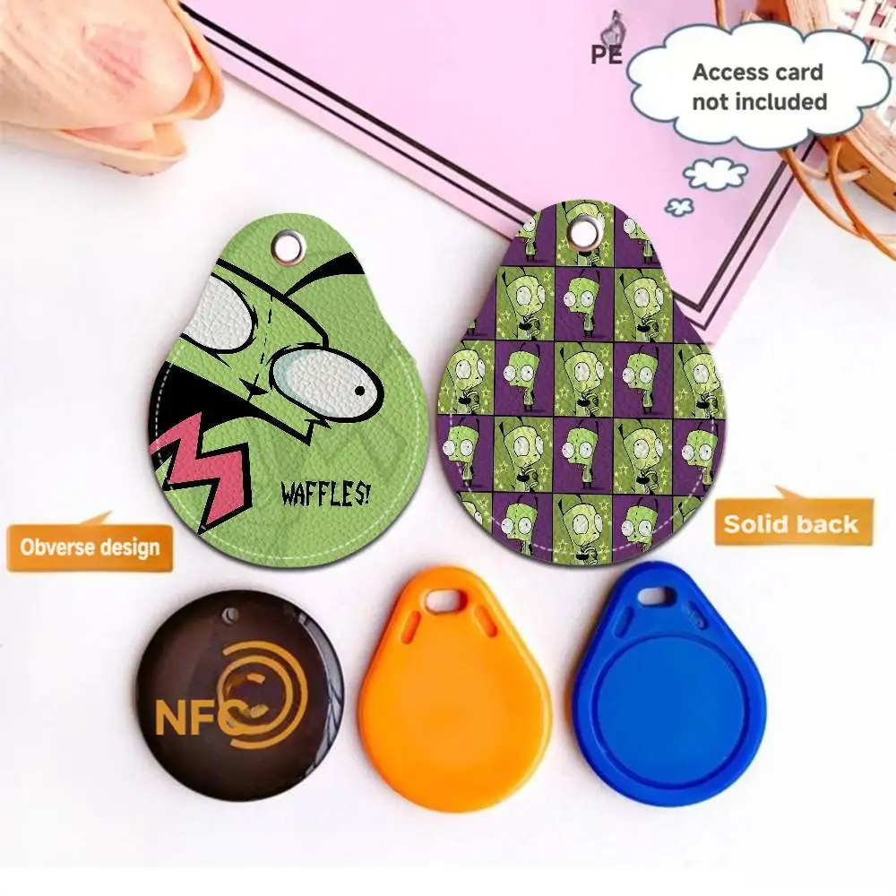 I-Invader Z-Zim Cartoon Keychain Access Card Bag Key Tag Ring Leather Card Holder Keychain Key Ring Door Lock Access Tags