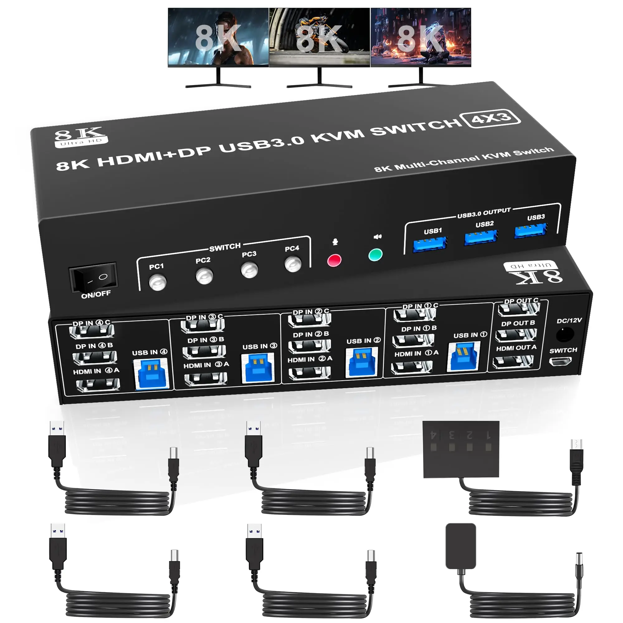 4K@144Hz KVM Switch 3 Monitors 4 Computers 8K@60Hz 2 DisplayPort +1 HDMI KVM Switch Triple Monitor for 4PC with Audio Microphone