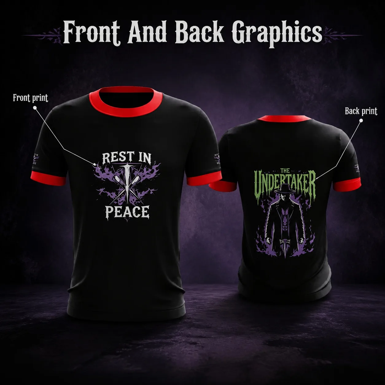 Men The Undertaker REST IN PEACE Wrestling Black Red Ringer Collar Purple Flame Cross Print Short Sleeve WWE Fan T-Shirt