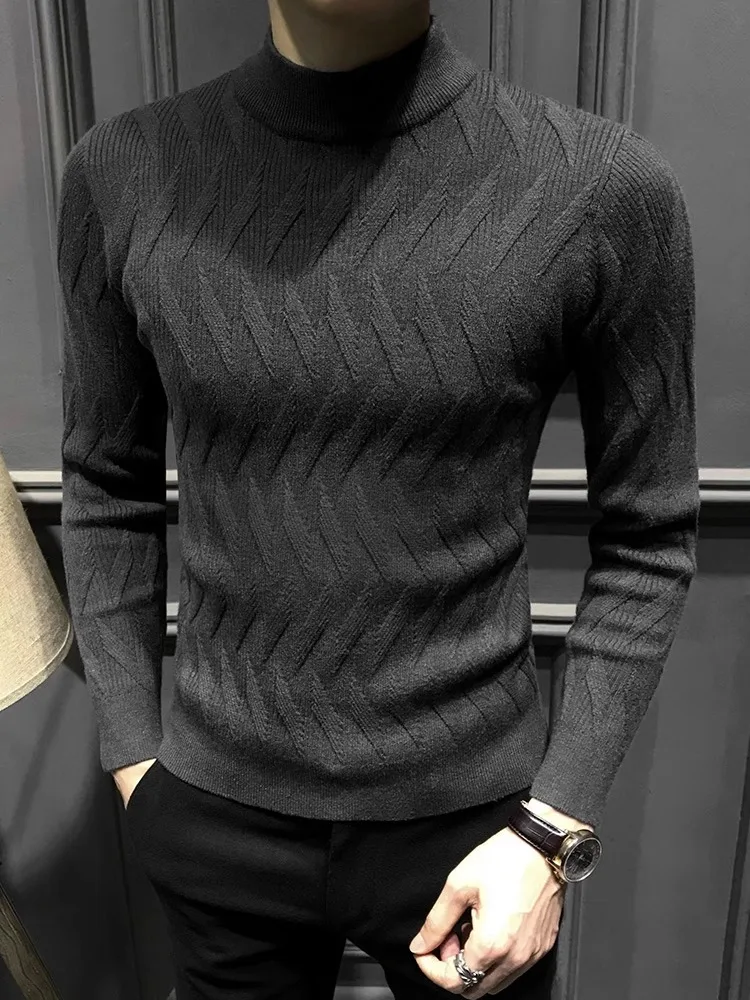 

Мужской модный облегающий вязаный свитер с высоким воротником, теплый базовый слой, повседневный, из полиэстера, с длинным рукавом, зимний топ