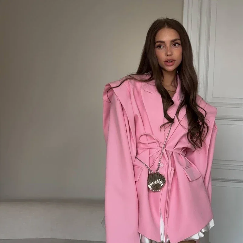 

Chic Solid Lapel Blazer Jacket Women Oversize Notched Single Breasted Shoulder Pads Jackets Office Lady Long Sleeve Tops