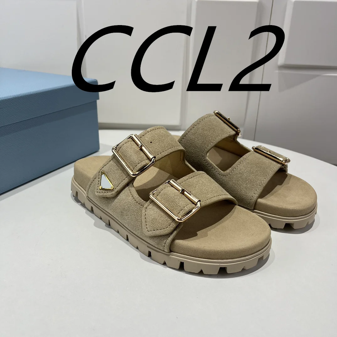 24 years spring and summer new sandals, double row buckle slippers, fashion flat slippers, game meat upper, sheepskin lining