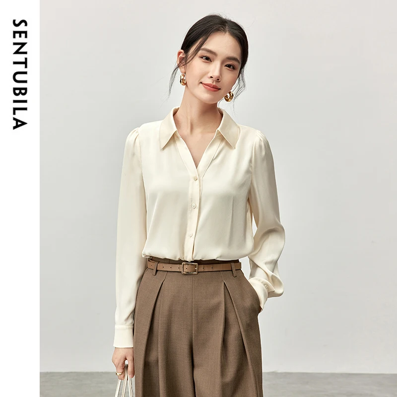 SENTUBILA Women's Elegant Satin Shirts 2025 Spring Autumn V Neck Single Breasted Work Business Solid Basic Tops 143C57057