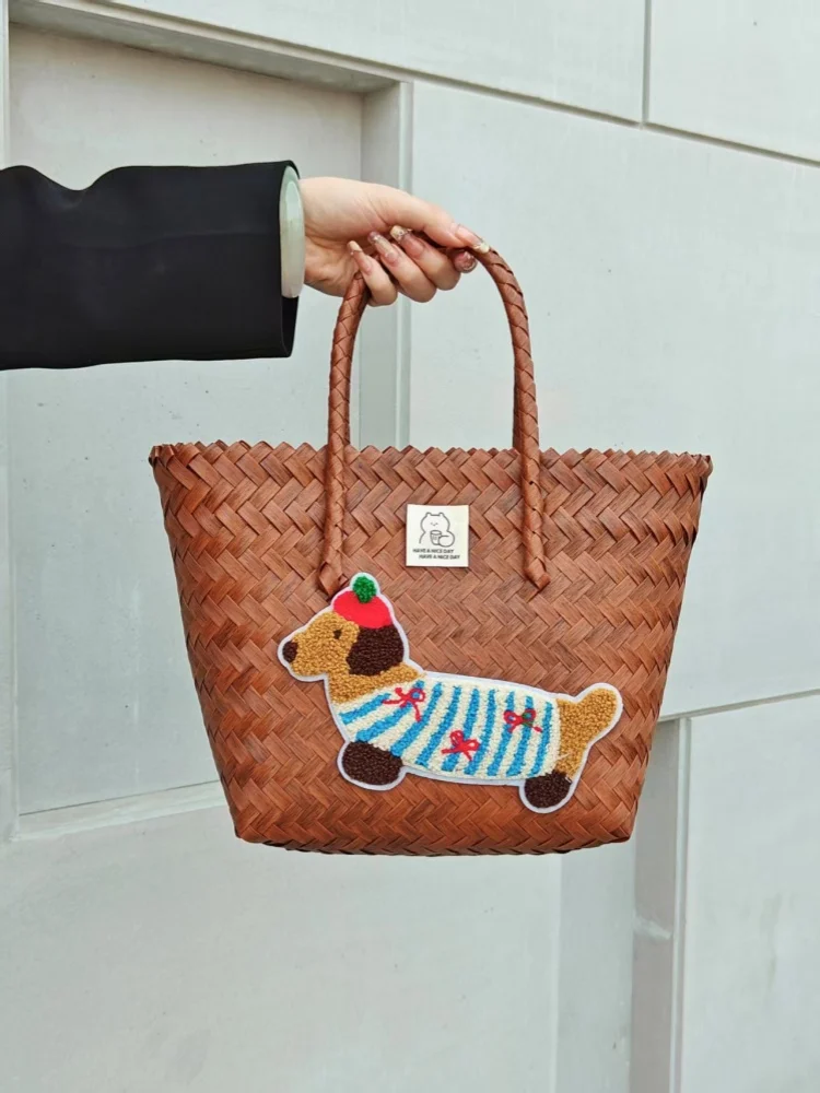 

Ретро-сумка из плетеного ротанга с собачьим принтом, большая вместительная сумка с бамбуковой ручкой для поездок на работу и отдыха, пляжная сумка