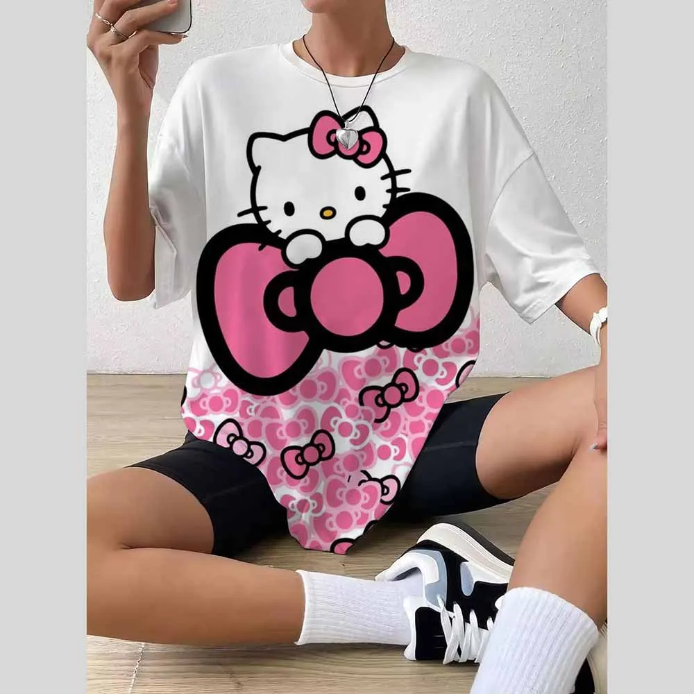 เสื้อแฟชั่นผู้หญิง 2025 ผู้หญิงHello Kittyพิมพ์เสื้อยืดแขนสั้นพลัสขนาดผู้หญิงY2kเสื้อผ้า