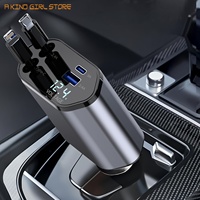 Retractable Car Charger, 4 in 1 Fast Charging Car Charger 120W, Retractable Cable and 2 USB Ports Car Charger Adapter Compatible