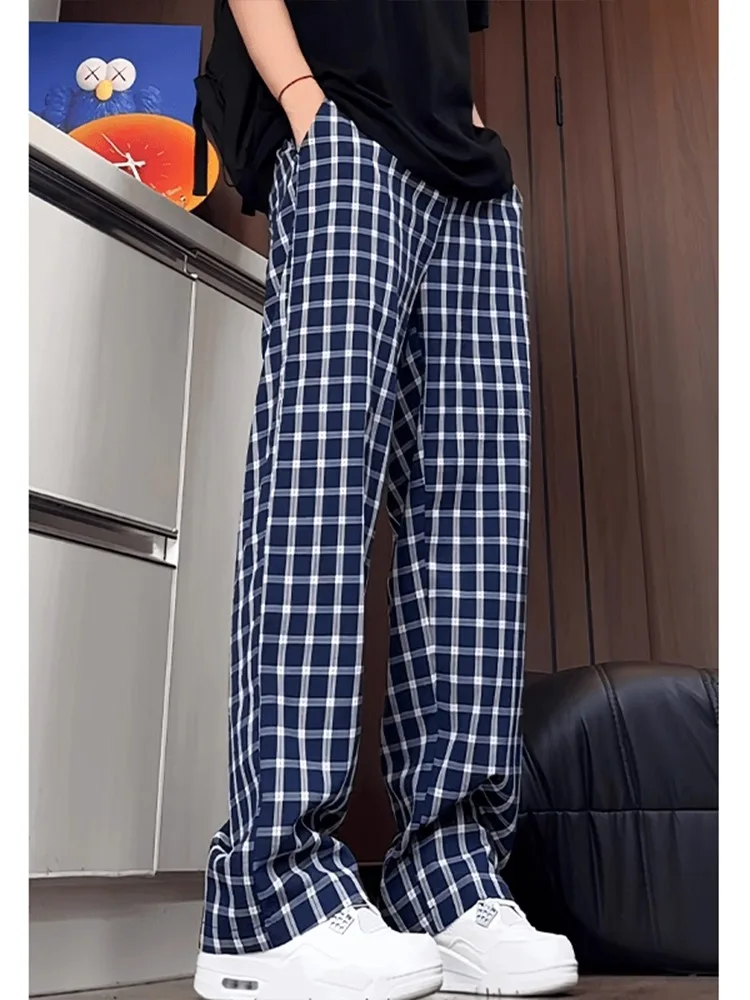Lightweight Summer Plaid Men's Casual Pants Loose Wide Leg Straight Cut American Cleanfit Comfortable Breathable Faionable