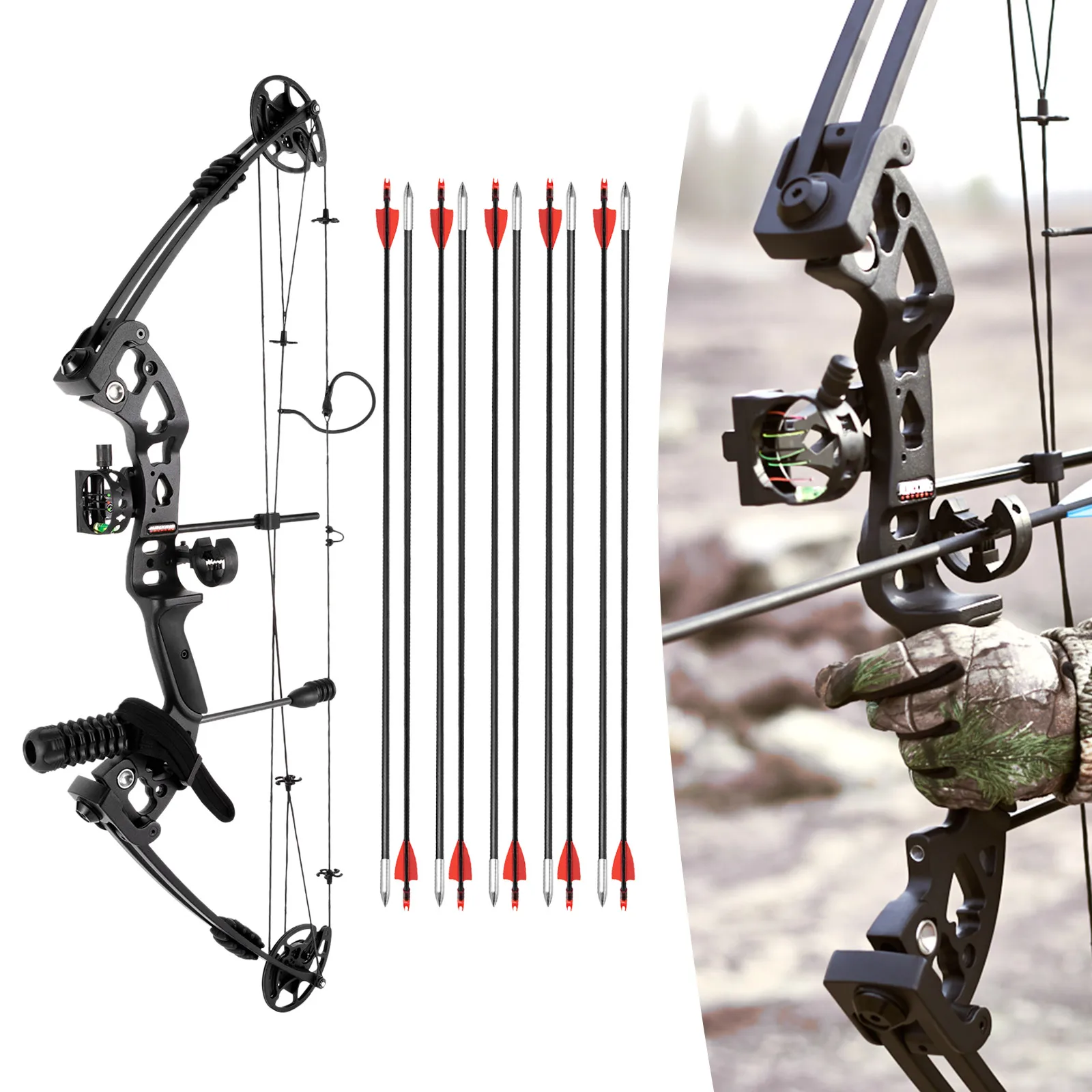 

Compound Bow Right Hand Hunting Kit with Sight, Quiver, Stabilizer, Shock Absorber, Allen Tool, Adjustable Draw Weight & Cams