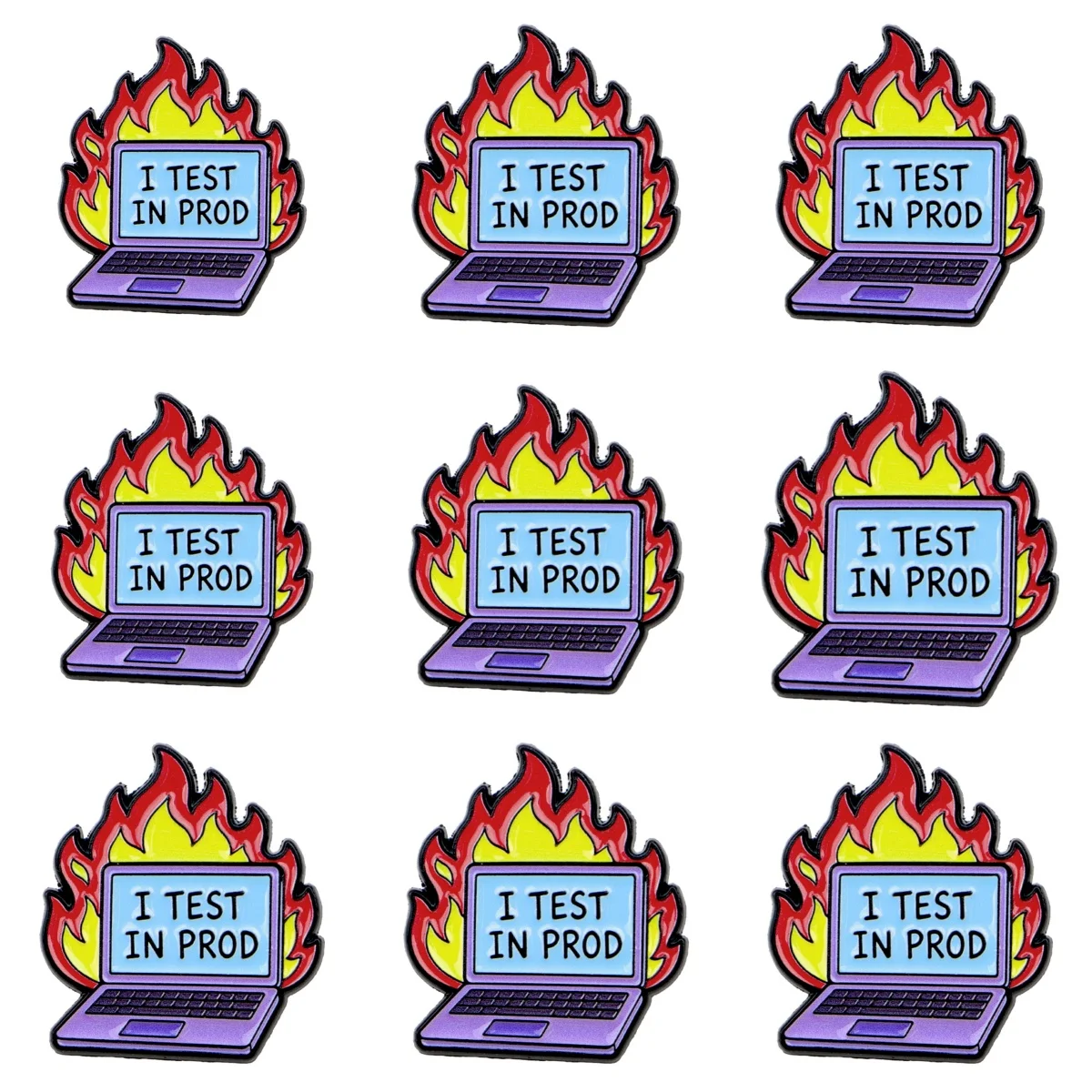 9pcs I Test In Prod Enamel Pin Burning Laptop Brooch Funny Programmer Quotes Badge for Backpack Jacket Engineer Gift
