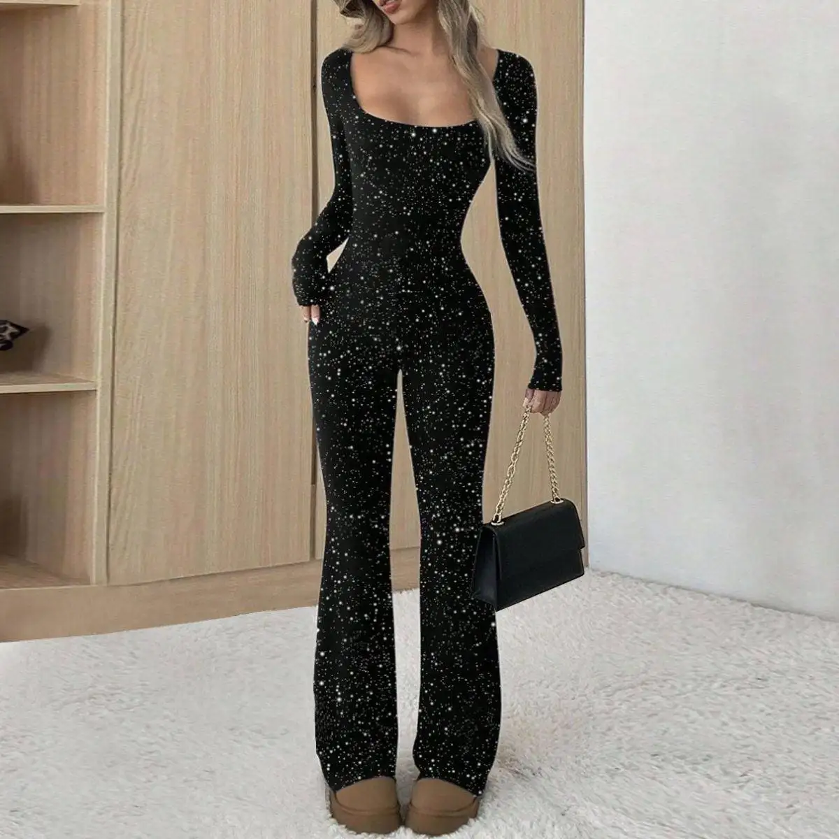 

Silver Ironed One-Piece Suit Women's Fashion Slim Fit Square Collar Autumn Trendy Sexy Long Pants Polyester Fabric