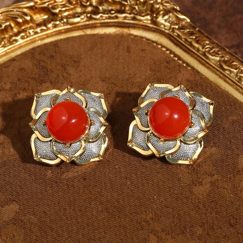 

Vintage Large Flower Earring Statemen Red Agate Sunflower Gold Color Jewelry Luxury Designer For Woman Wedding Accessories 3.6cm