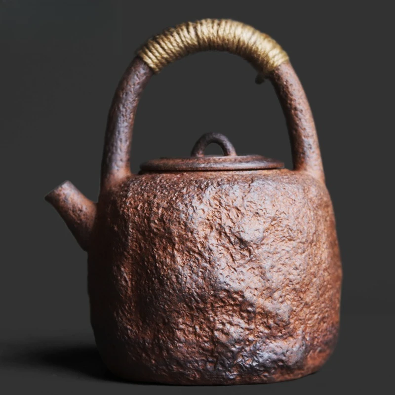 Teapot Coarse Pottery Old Rock Mud Texture Lifting Beam Boiling Teapot Chinese Zen Style Boiling Water Single Pot