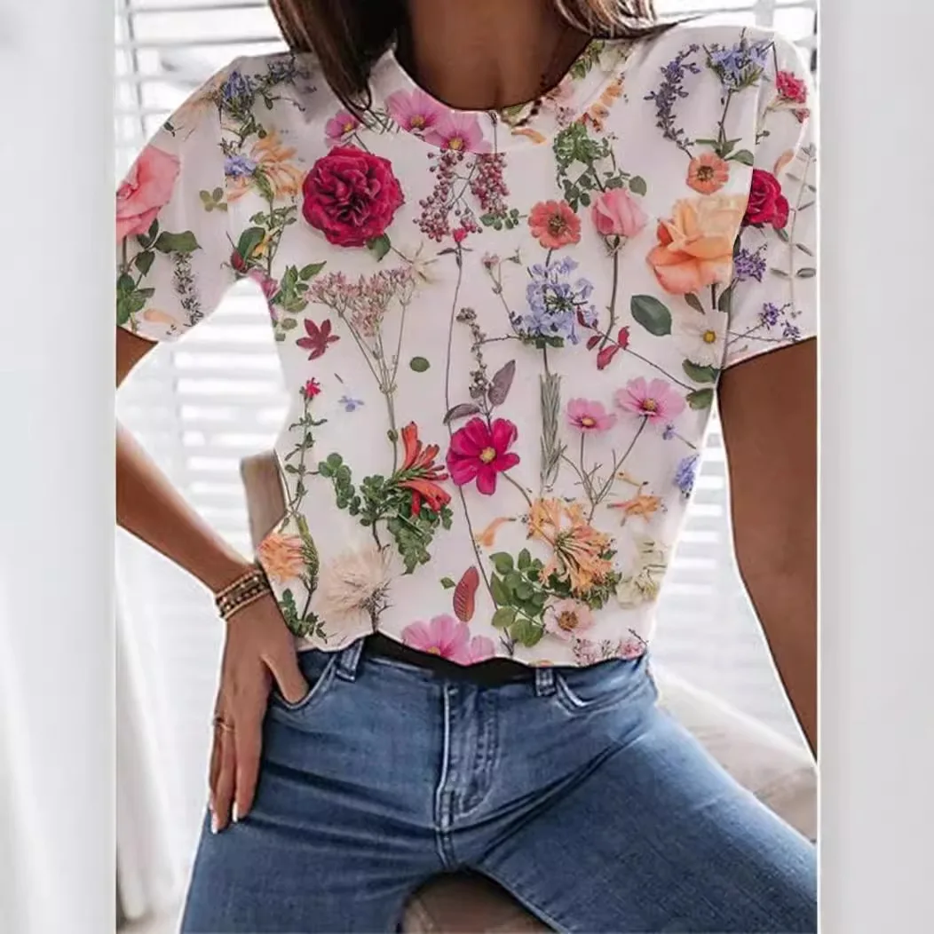

2025 Women's Round Neck Short Sleeve Women's Summer Plant Flower 3D Printed T-shirt Versatile Loose Casual Women's Top