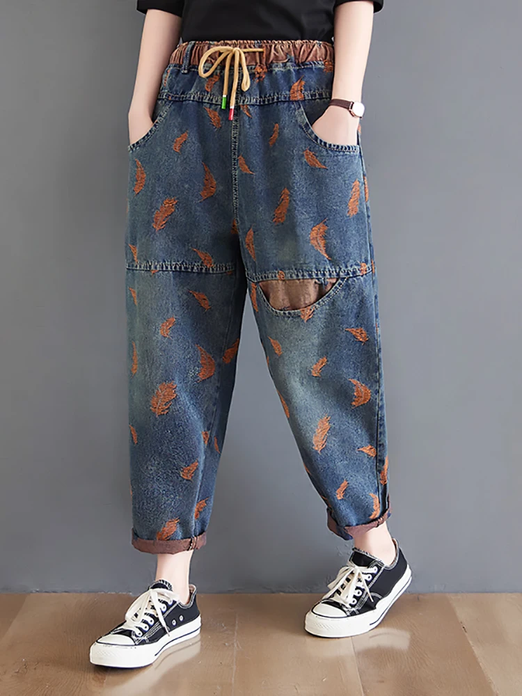 Jeans Women Spring Street Feather Embroidery Color Contrast Loose Thin Drawstring Pockets Elastic Waist Denim Pants JJ134